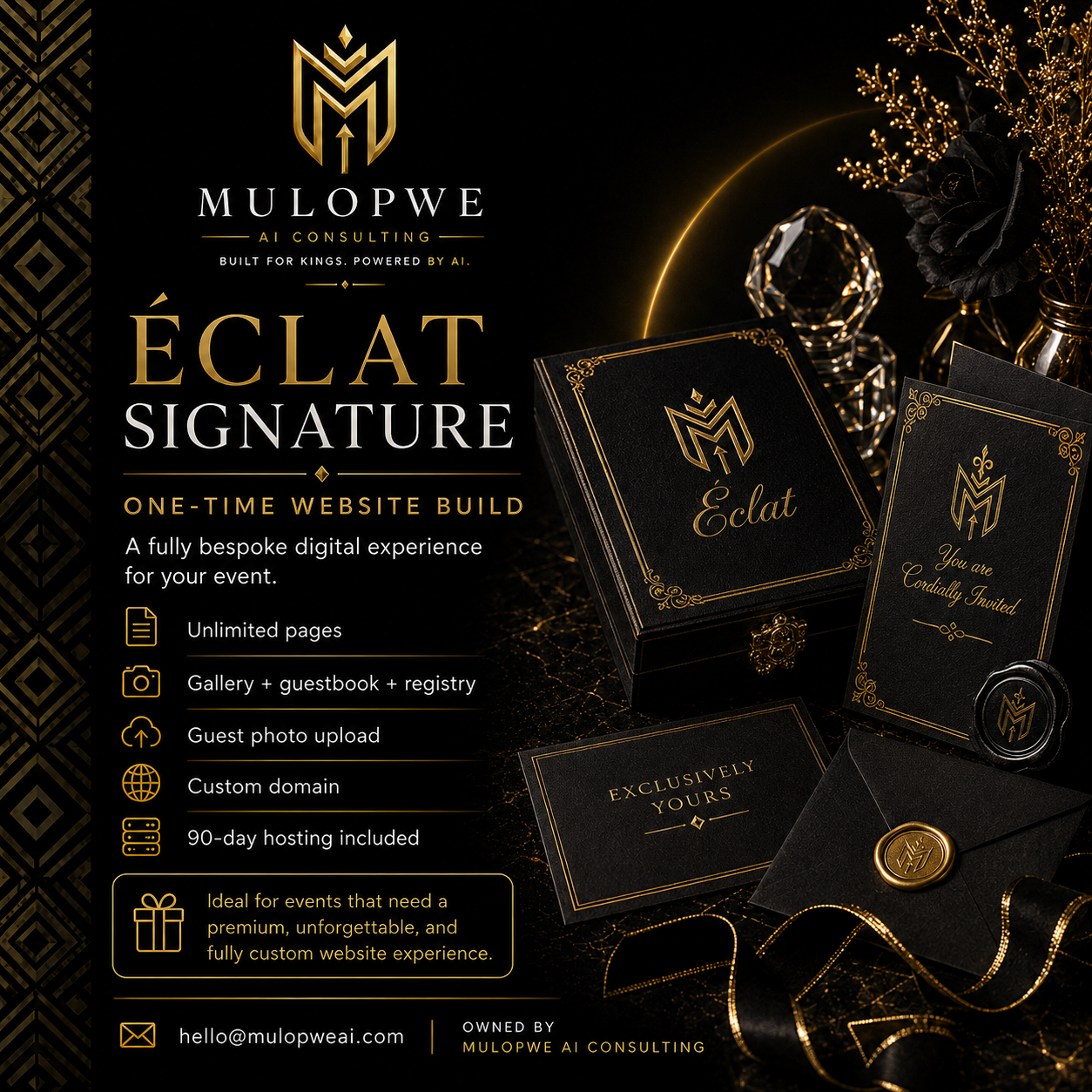 Éclat Signature — black and gold editorial event art