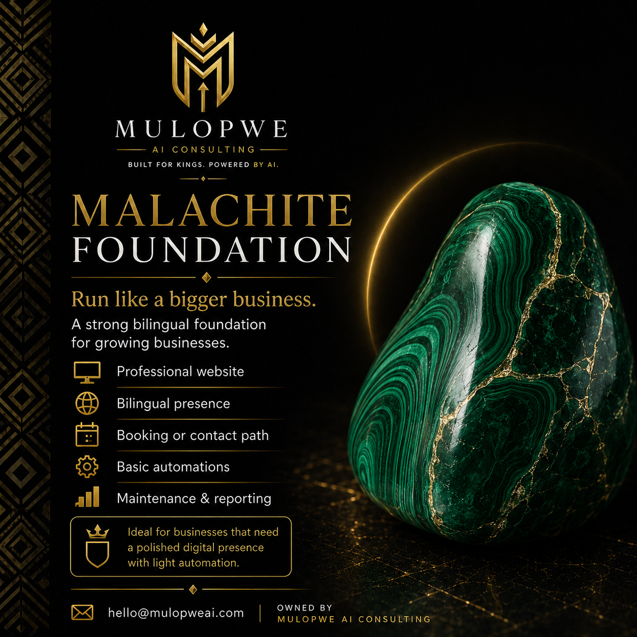 Malachite package — deep green mineral on obsidian